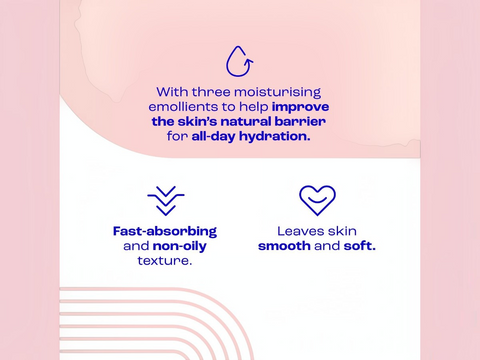 Product packaging with text about moisturizing benefits on a pink background