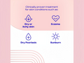 Product packaging with text and icons on a pink and white background