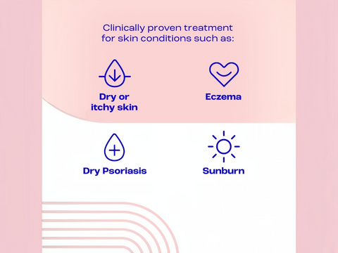 Product packaging with text and icons on a pink and white background