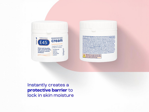 E45 cream jar with text on a white background