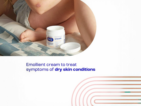 Person lying on a bed with E45 cream jar and container, text about emollient cream for dry skin conditions.