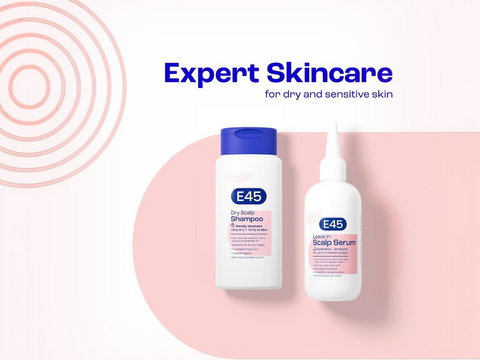 E45 dry scalp shampoo and serum on a pink background with 'Expert Skincare' text.