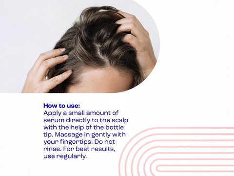 Person applying hair serum to scalp with text on how to use it.