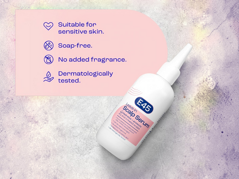E45 Dermatological Scalp Serum bottle with product features on a textured background