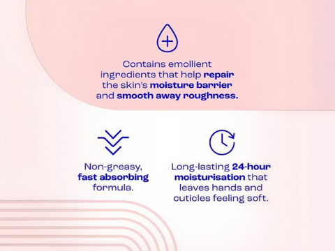 Product description with text on a pink background