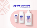 E45 skincare products on a pink background with 'Expert Skincare' text.