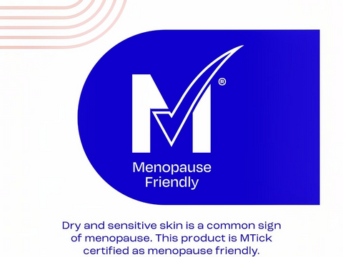 MTick logo on a blue background with text about menopause friendly product.
