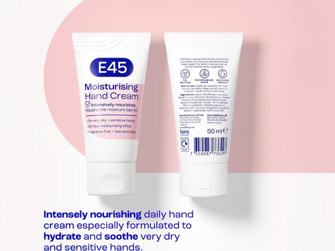 E45 Moisturising Hand Cream with front and back views on a pink background