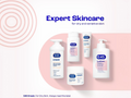 E45 skincare products on a pink background with 'Expert Skincare' text.