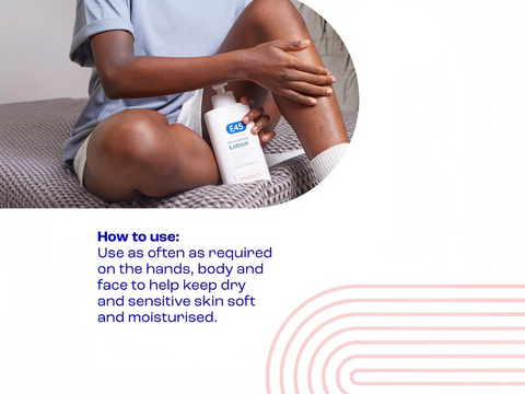Person applying lotion to their arm with a bottle of lotion, text on how to use lotion.
