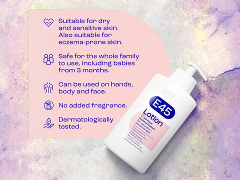 E45 lotion bottle with product information on a textured background