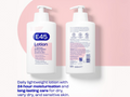 Two bottles of E45 Lotion on a pink background with product details.