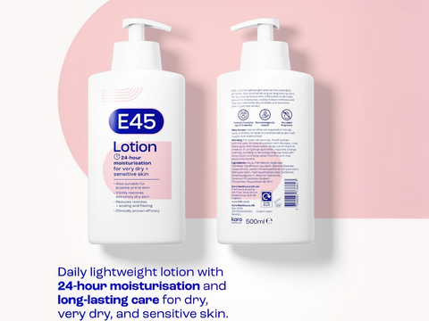 Two bottles of E45 Lotion on a pink background with product details.