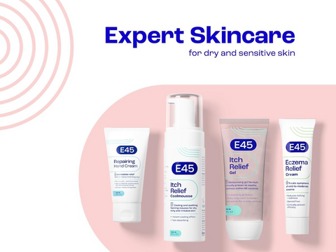 E45 skincare products on a pink background with 'Expert Skincare for dry and sensitive skin' text.