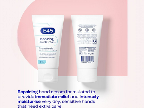 Two tubes of E45 Repairing Hand Cream on a pink background