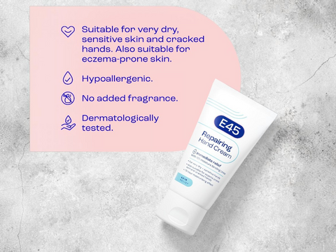E45 Repairing Hand Cream on a textured surface with product details.