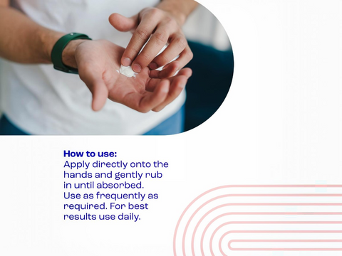 Person applying a product to their hands with text on how to use it.