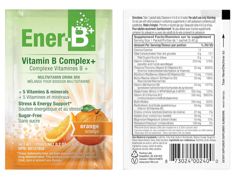 Ener-B+ Sugar Free Orange vitamin B powder mix front label 5.42g sachets with barcode