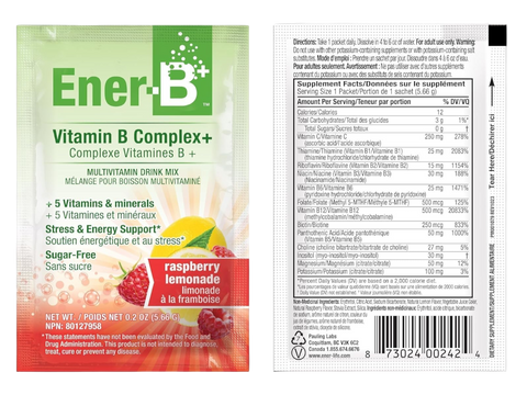 Ener-B+ Sugar Free Raspberry Lemonade vitamin B powder mix front label 5.66g sachets with barcode