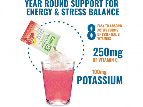 How to Use: Ener-B+ Sugar Free Raspberry Lemonade sachet mixing instructions 30 sachets on white background