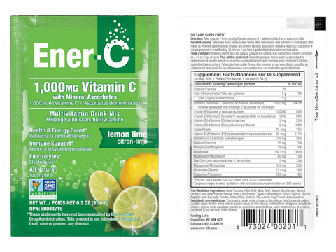 Ener-C Lemon Lime vitamin powder mix front label 9.56g sachets with barcode