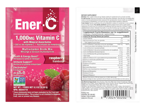 Ener-C Raspberry vitamin powder mix front label 9.28g sachets with barcode