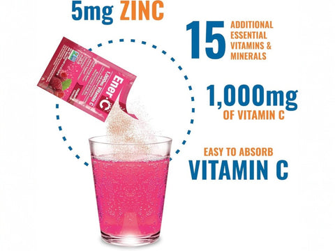 How to Use: Ener-C Raspberry sachet mixing instructions 30 sachets on white background