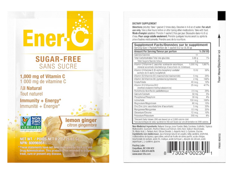 Ener-C Sugar Free Lemon Ginger vitamin powder mix front label sachets with barcode.