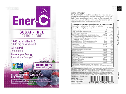 Ener-C Sugar Free Mixed Berry multivitamin drink front label 30 sachets with barcode