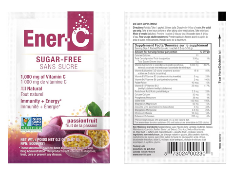 Ener-C Sugar Free Passion Fruit vitamin powder mix front label 5.07g sachets with barcode