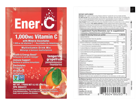Ener-C Tangerine & Grapefruit vitamin powder mix front label 9.45g sachets with barcode
