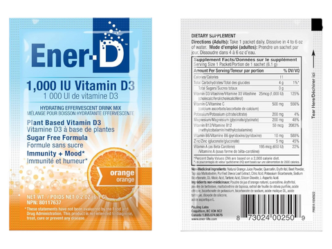 Ener-D Sugar Free Orange vitamin D powder mix front label 6.1g sachets with barcode