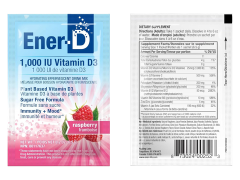 Ener-D Sugar Free Raspberry vitamin D powder mix front label 6.5g sachets with barcode