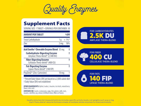 Enzymedica Acid Soothe Chewable Berry 30 Tablets supplement facts and ingredients label