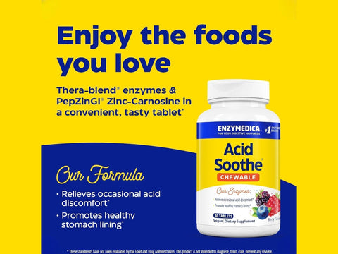 Enzymedica Acid Soothe Chewable Berry 30 Tablets berry flavored digestive support benefits graphic