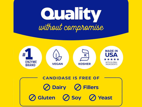 Enzymedica Candidase 42 Capsules quality badges vegan non GMO made without fillers