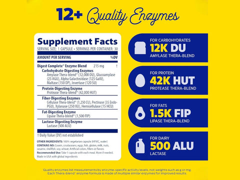 Enzymedica Digest Complete 30 Capsules supplement facts and ingredients label