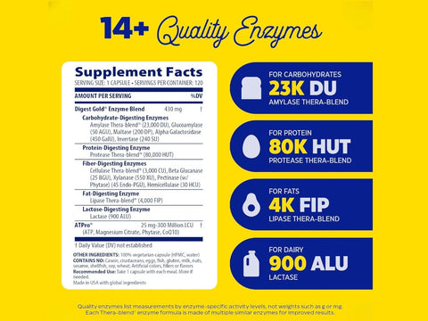 Enzymedica Digest Gold with ATPro, 120 Capsules supplement facts and ingredients label
