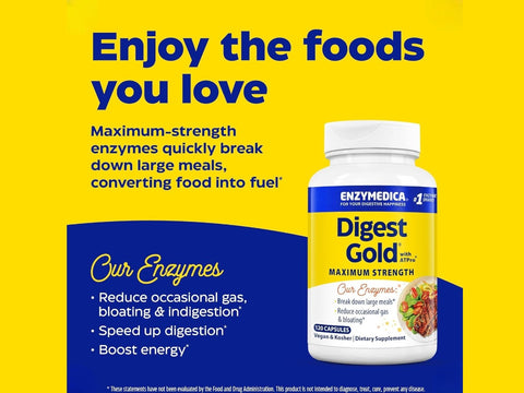 nzymedica Digest Gold with ATPro, 120 Capsules advanced digestive enzyme benefits graphic
