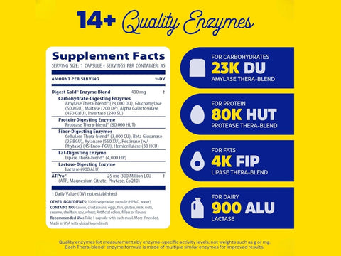Enzymedica Digest Gold with ATPro 45 capsules supplement facts and ingredients label