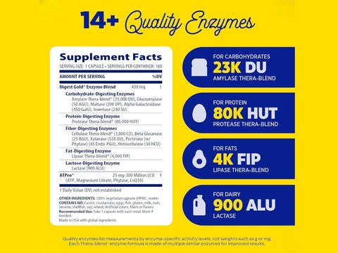 Enzymedica Digest Gold with ATPro, 180 Capsules supplement facts and ingredients label