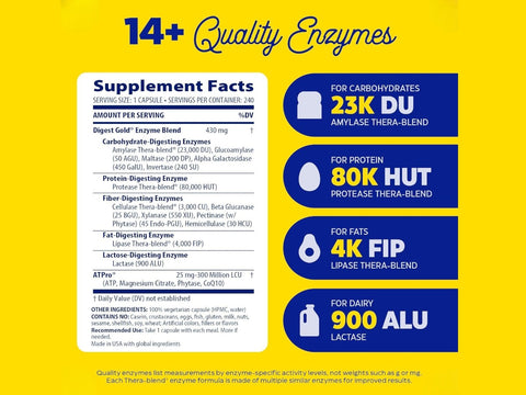 Enzymedica Digest Gold with ATPro, 240 Capsules supplement facts and ingredients label