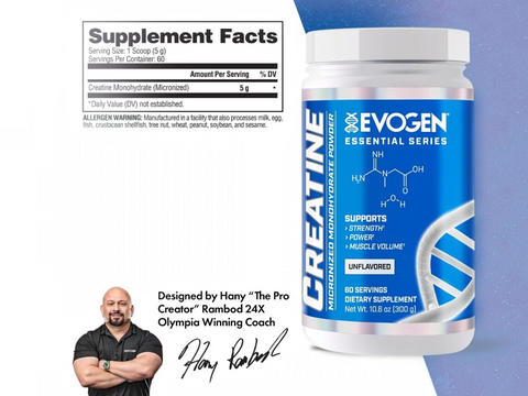 Evogen Creatine supplement bottle with a man in a black shirt on a white and blue background