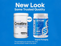 Two Evogen Creatine containers with text about new packaging on a blue background