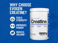 Evogen Creatine supplement container with benefits listed on a blue background