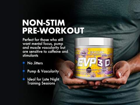 Person holding a Evogen EVP 3D supplement container with promotional text on a black background