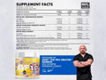Supplement facts label for a product with a container and a person in the background.