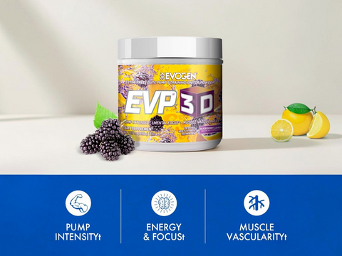 EVOEN EVP 3D supplement container on a white surface with lemons and berries, featuring product benefits on a blue banner.