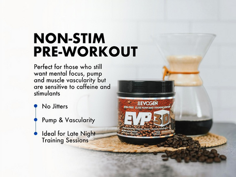 Pre-workout supplement container with coffee beans and a coffee carafe on a white background