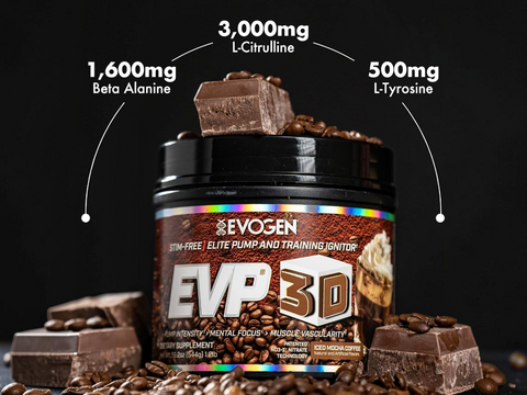 Supplement container labeled 'EVOGEN EVP 3D' with ingredients displayed on a dark background